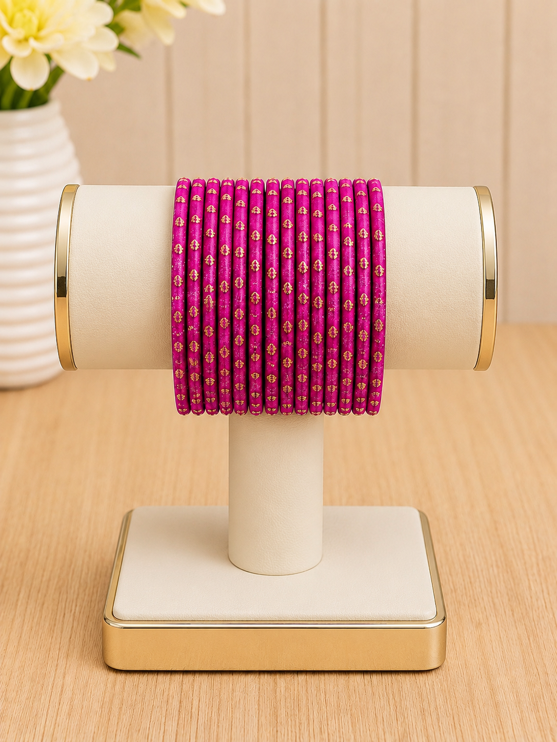 (B20) Elegant hot pink bangle set featuring delicate gold detailing throughout. Lightweight, vibrant and beautifully traditional — perfect for weddings, Eid, parties or adding a pop of colour to any outfit size 2.6