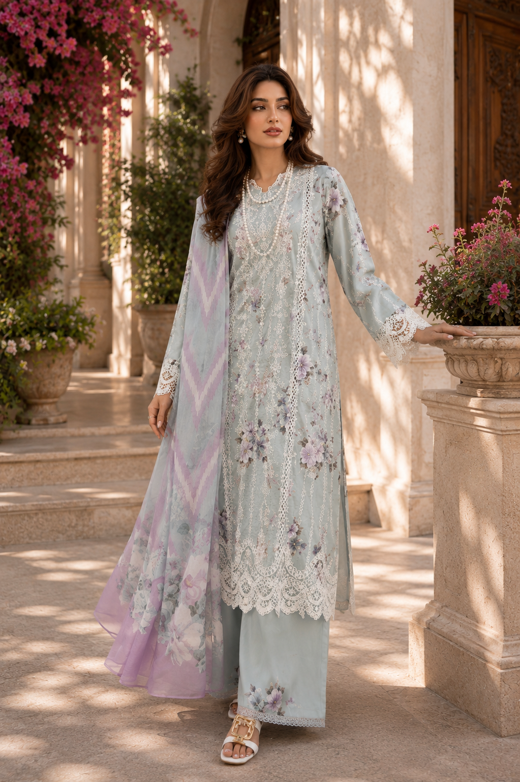 (177) Adan’s Libas Printed Lawn Suit | Lace Embroidery & Voile Dupatta