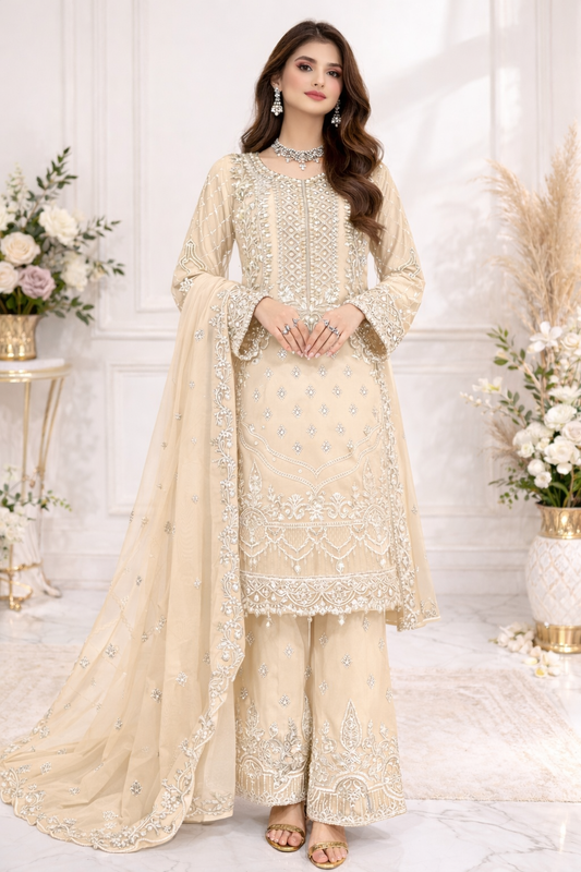 (68) Ramsha Chiffon cream/beige Embellished Palazzo Set – Elegant Luxe Look