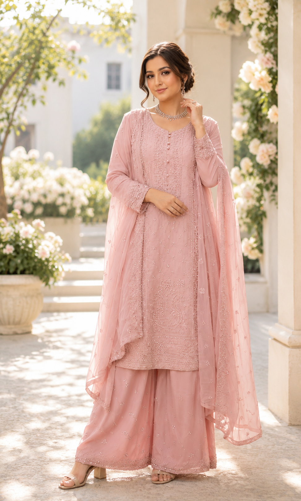 (287) Elegant Pink Chiffon Suit | Mirror, Bead & Sequin Embroidery