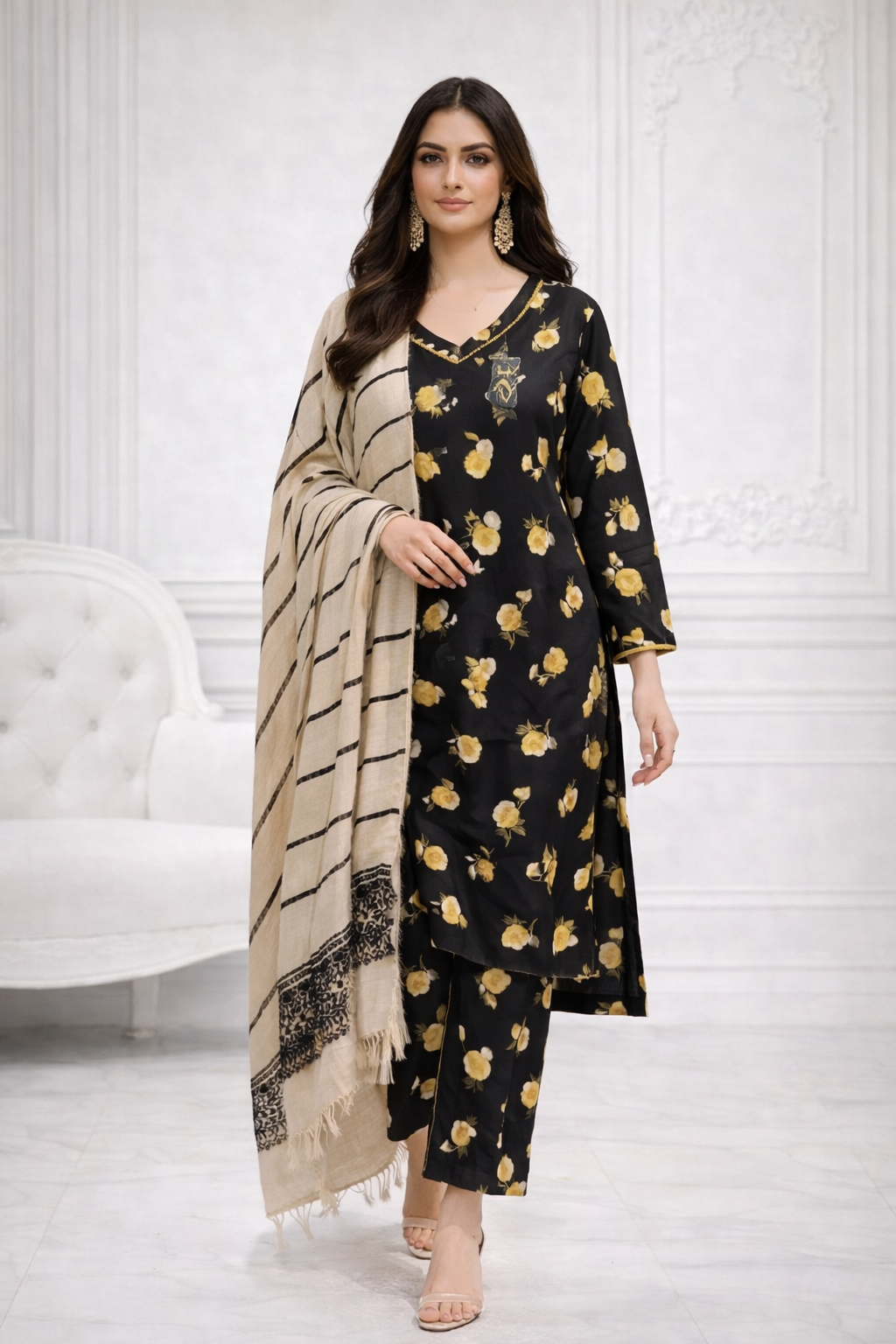 (28) Pakistani Printed Soft Khaddar Winter Suit with Gold Thread Detailed Shawl