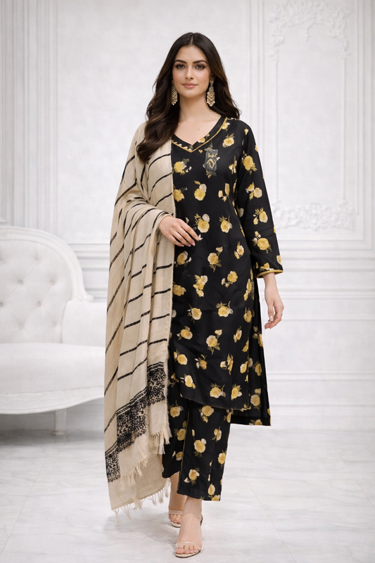 (28) Pakistani Printed Soft Khaddar Winter Suit with Gold Thread Detailed Shawl