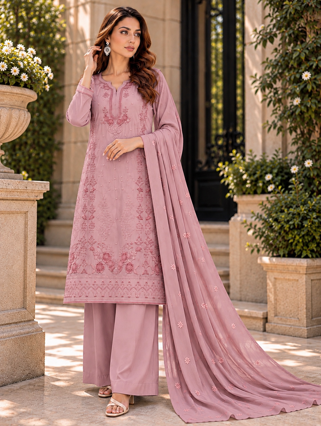 (360) Abeeha light pink Viscose Floral Embroidered Suit 
A beautiful blend of comfort and elegance, soft viscose kameez with delicate floral embroidery, paired with a stunning Bamber dupatta
