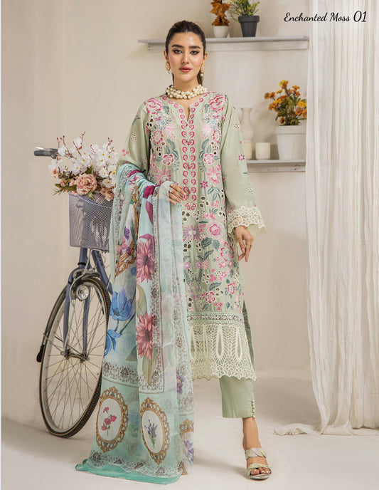 (177) Maya Enchanted Moss – Ready-to-Wear Lawn Kameez with Cotton Trousers & Chiffon Printed Dupatta