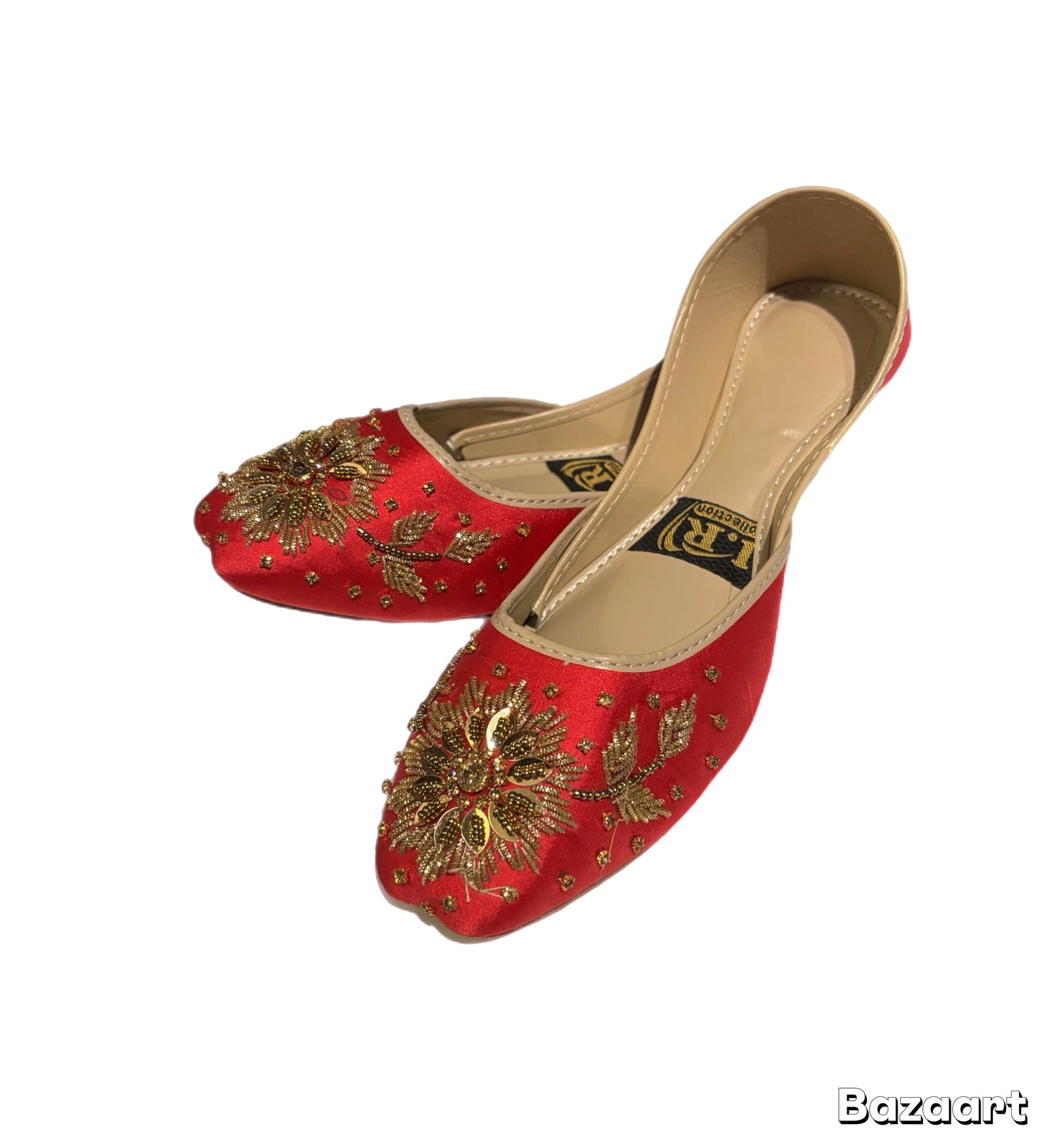 (S2) Handmade Satin Khusa – Gold Embroidered Punjabi Jutti with Soft Foam Comfort