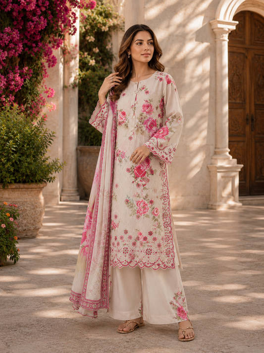 (208) Adan’s libas lawn printed floral lace embroidered printed trousers voile lawn dupatta ready to wear