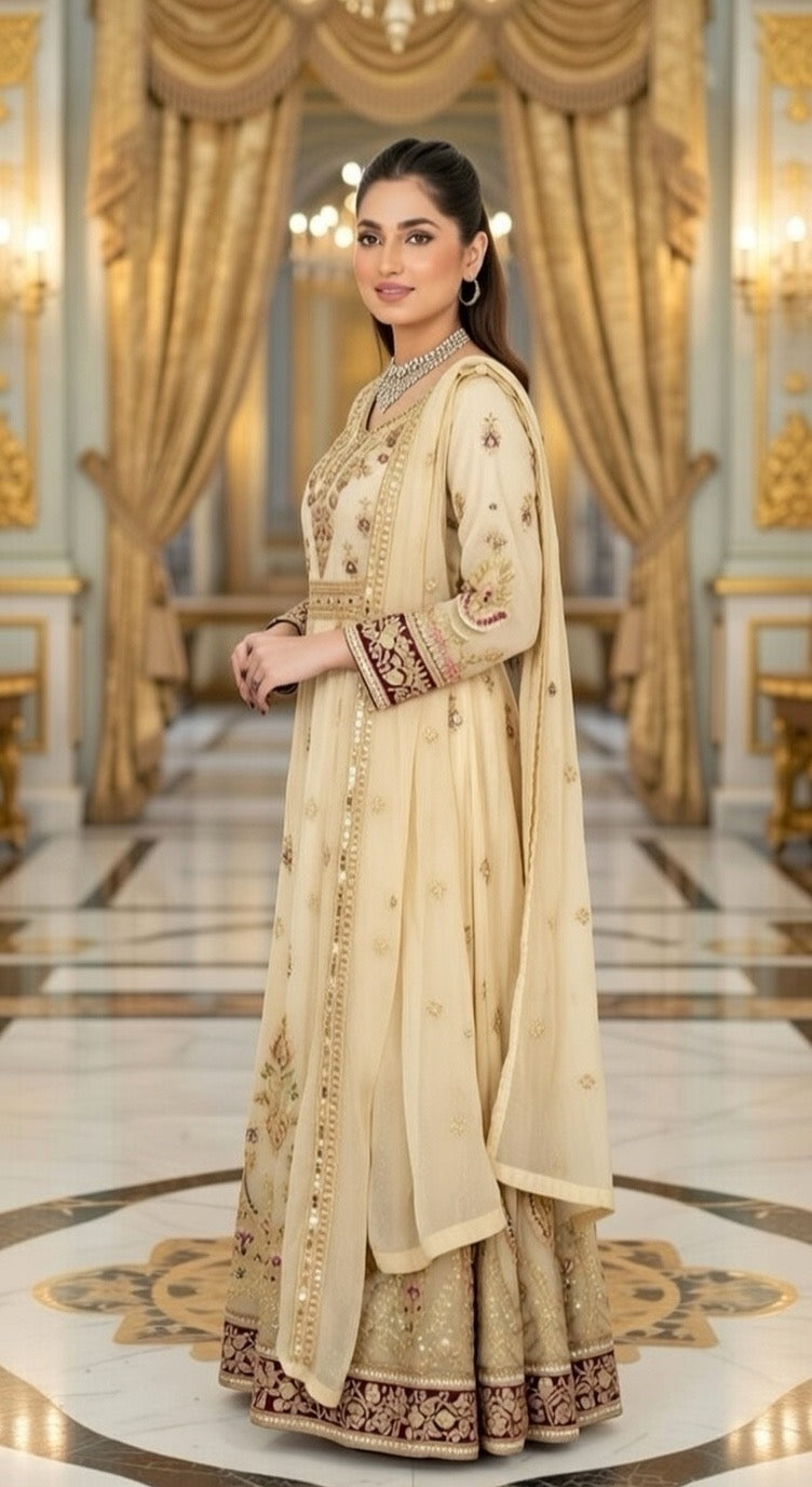 (107) Elegant Pakistani beige Crinkle Chiffon Long anarkali 3-Piece Suit with Gold Diamante Accents and Fine Gold Thread Embroidery