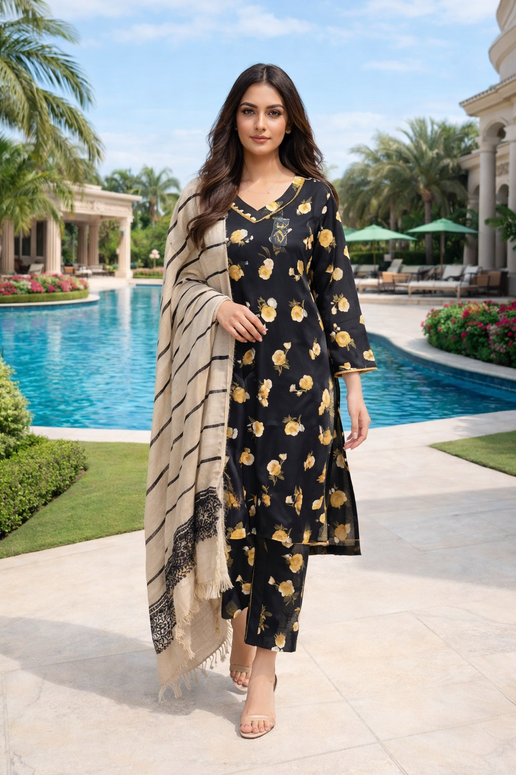 (28) Pakistani Printed Soft Khaddar Winter Suit with Gold Thread Detailed Shawl