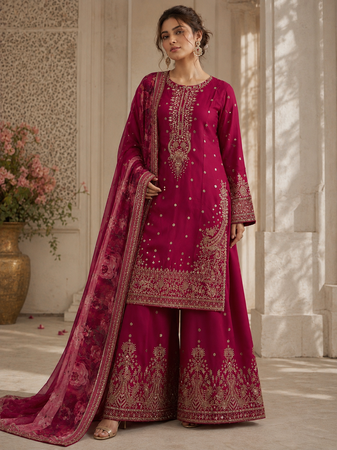 (175) Elegant shocking pink gold thread embroidered sequin chiffon fully lined plazzo organza floral dupatta ready to wear suit