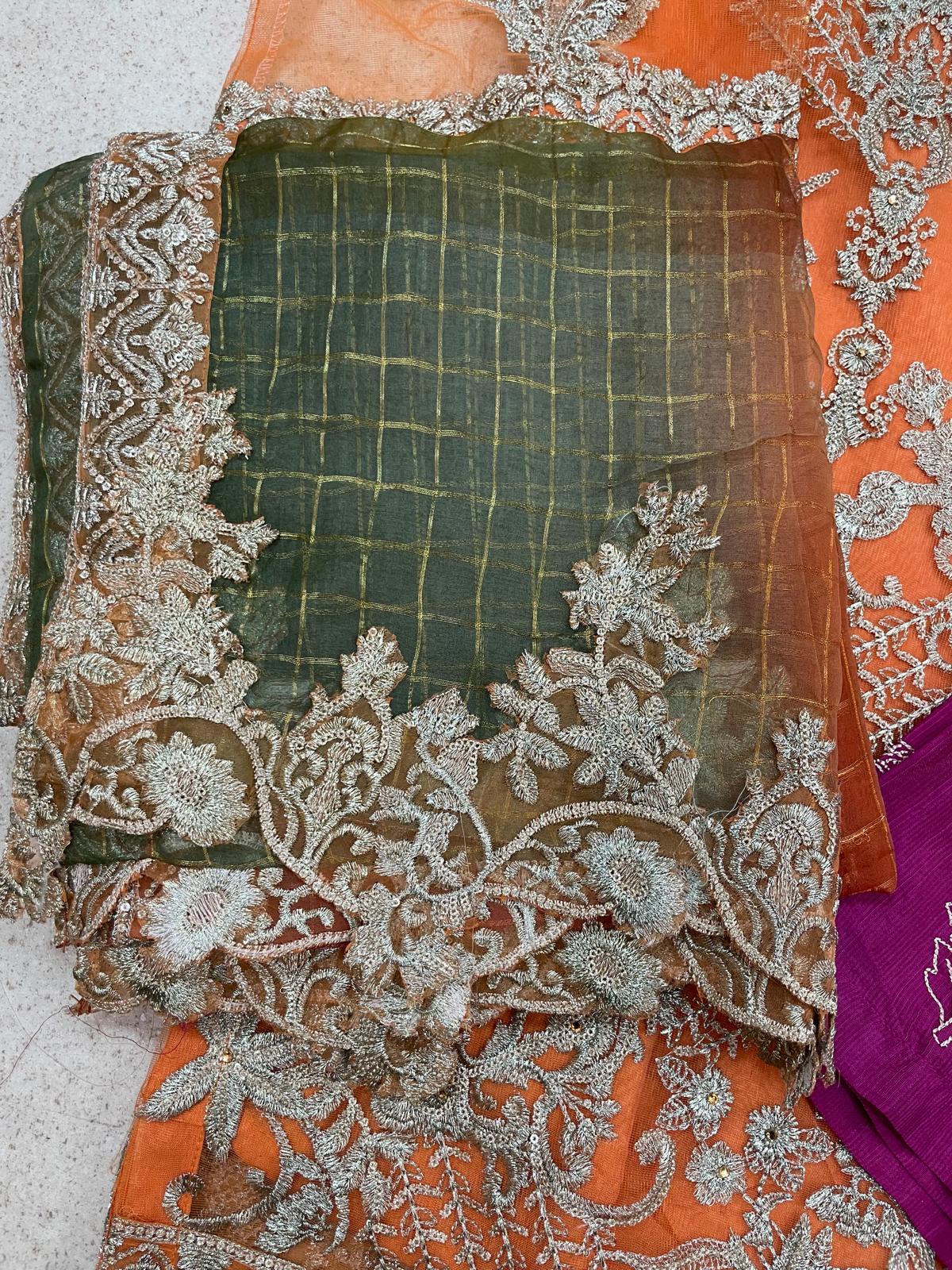 (202) Pakistani Wedding Embroidered 3-Piece Suit with Plazzo & Organza Dupatta