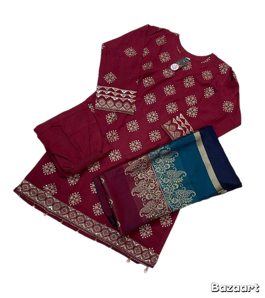 (310) Dhanak Pakistani Maroon Winter Embroidered Large Fancy Shawl Ready-Made Suit