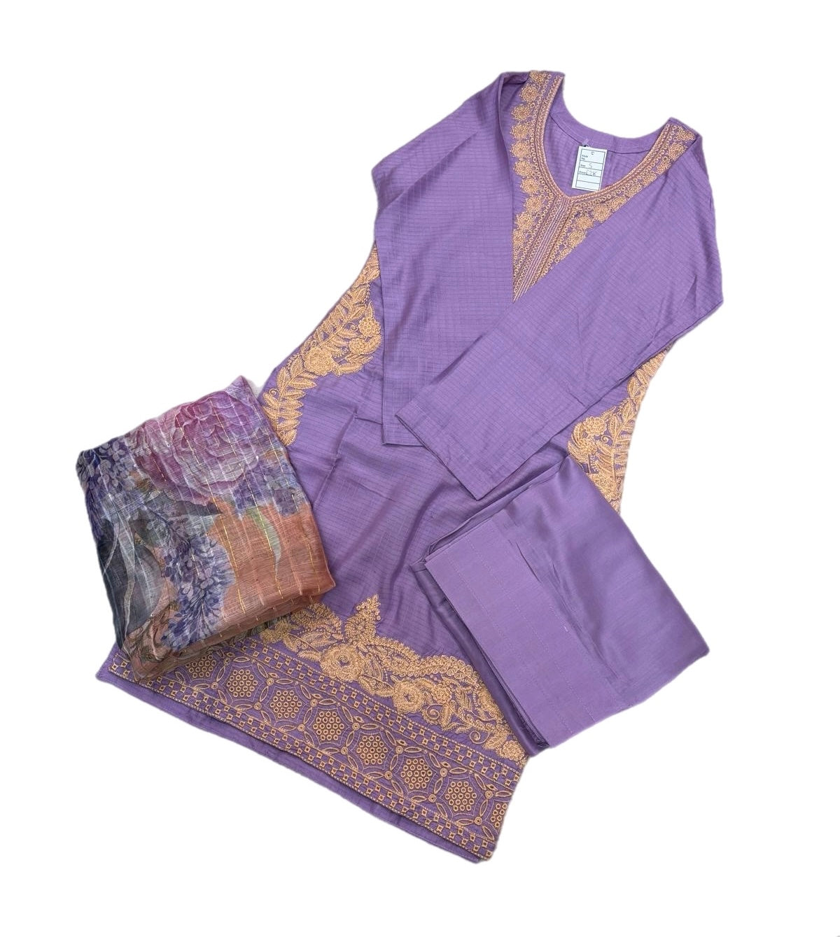 (148) Pakistani Viscose Farshi Shalwar Suit | Ready-to-Wear with Gold Threaded Dupatta