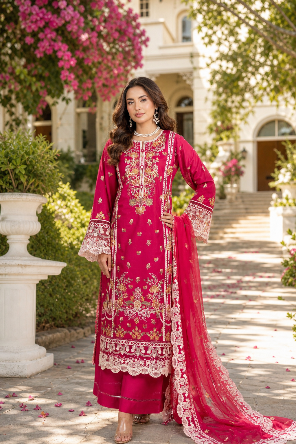 (198) Munira premium lawn chiffon plazzo dupatta lace floral beaded fully lined ready to wear