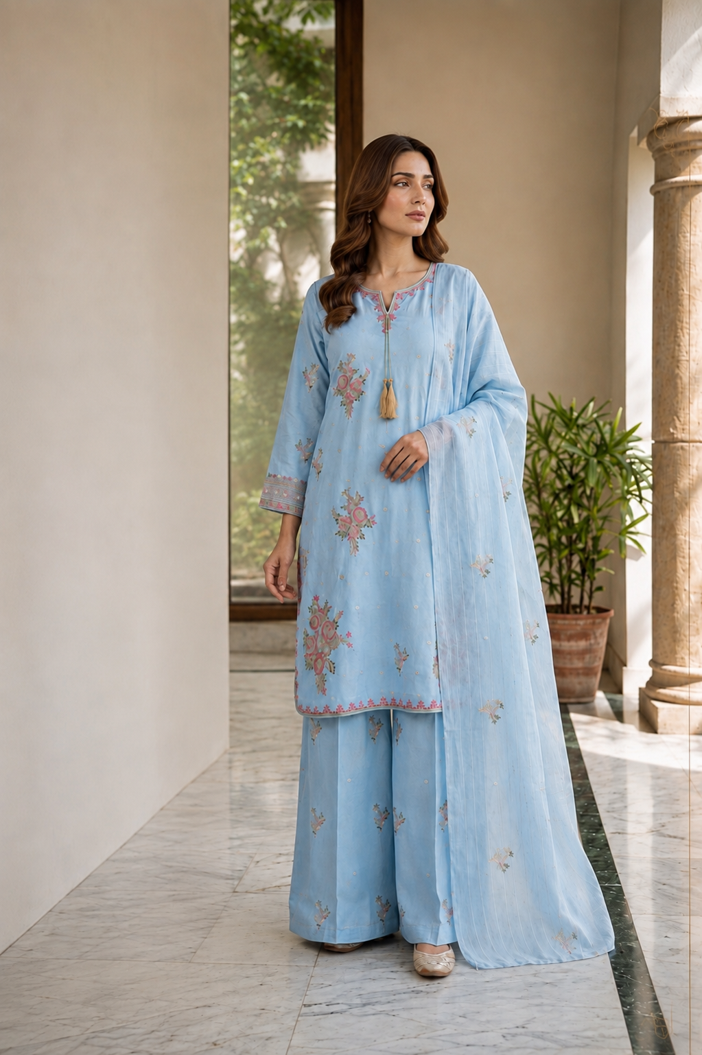 (355) Abeeha Elegant Light blue Viscose Suit – A beautifully designed rounded kameez featuring delicate gold thread floral embroidery, paired with stylish palazzo trousers and a soft bamber dupatta.