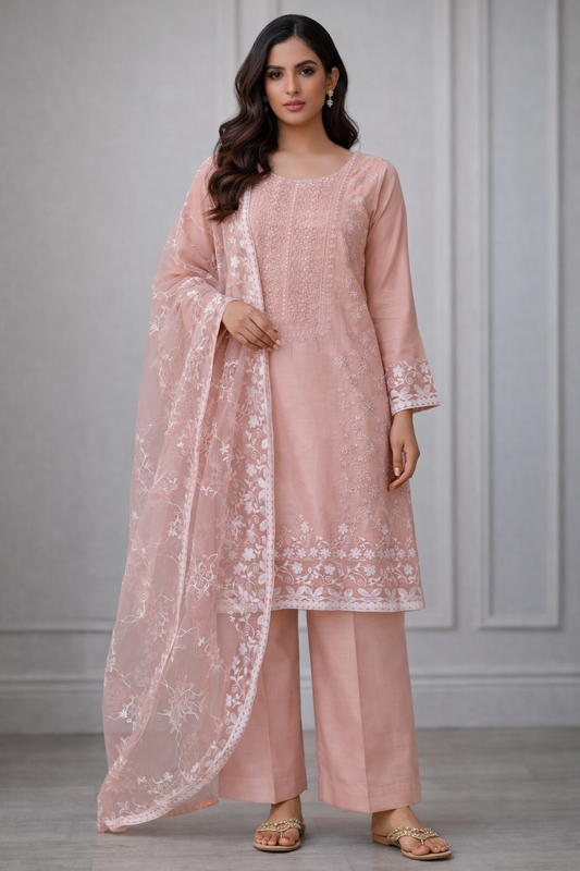 (14) Elegant Summer Viscose Suit | Chikankari & Organza Dupatta