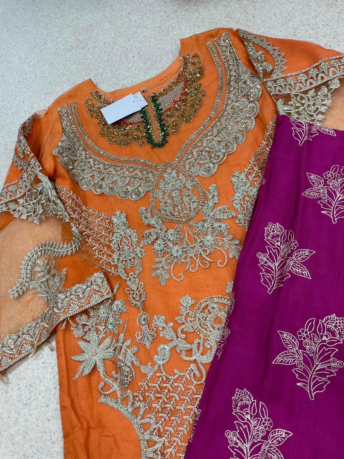 (202) Pakistani Wedding Embroidered 3-Piece Suit with Plazzo & Organza Dupatta