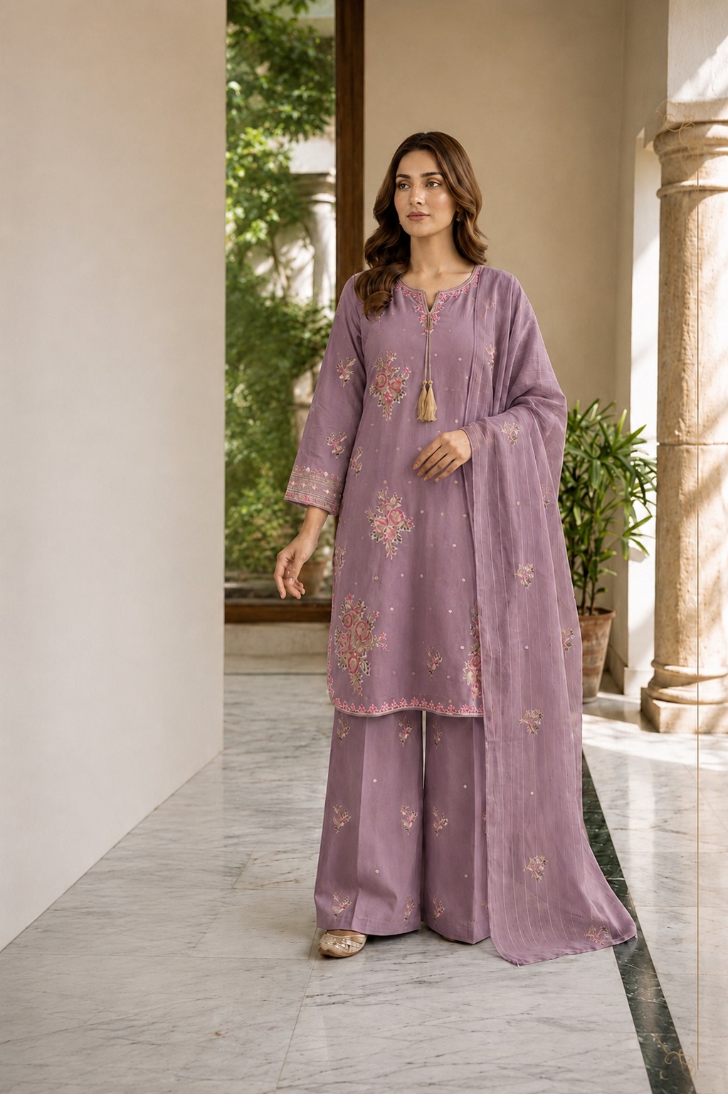 (353) Abeeha Elegant mauve Viscose Suit – A beautifully designed rounded kameez featuring delicate gold thread floral embroidery, paired with stylish palazzo trousers and a soft bamber dupatta.