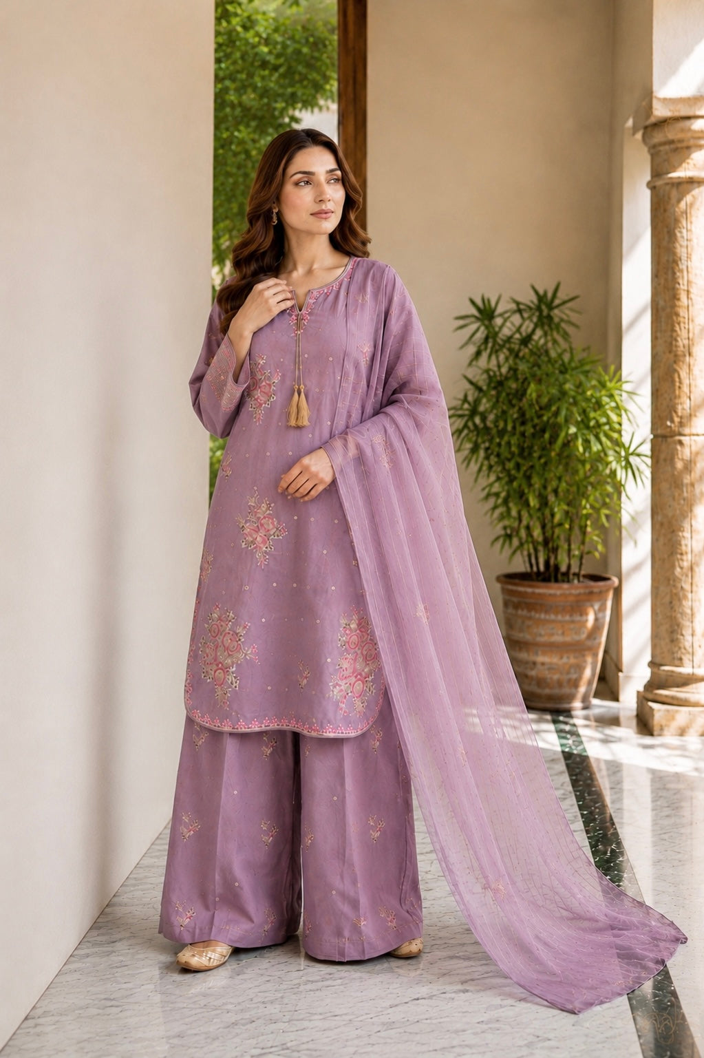 (353) Abeeha Elegant mauve Viscose Suit – A beautifully designed rounded kameez featuring delicate gold thread floral embroidery, paired with stylish palazzo trousers and a soft bamber dupatta.