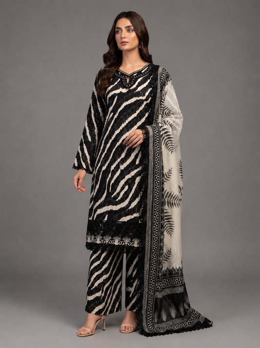 (227) Elegant black & beige zebra print lawn ready-to-wear suit with embroidered details, matching palazzo trousers & chiffon dupatta