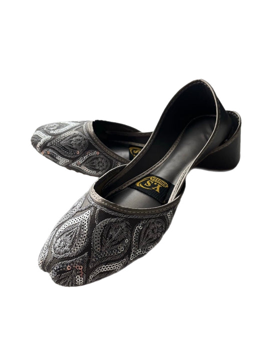 (S22) Handmade Silver Sequin Khussa – Embroidered Punjabi Jutti with Soft Foam & Non-Slip Sole