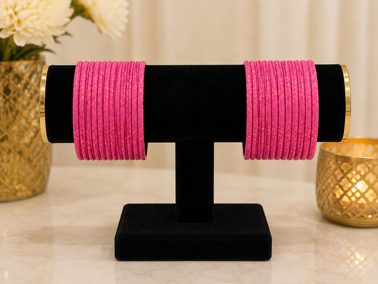 (B18) Vibrant hot pink bangle set with delicate gold shimmer detailing. Simple, elegant and perfect for adding a pop of colour to everyday outfits size 2.4
