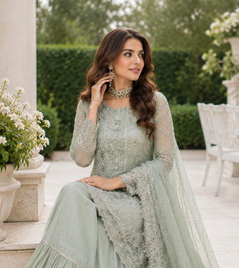 (220) Maria B Inspired Organza Diamanté Embroidered Fancy Trouser Suit