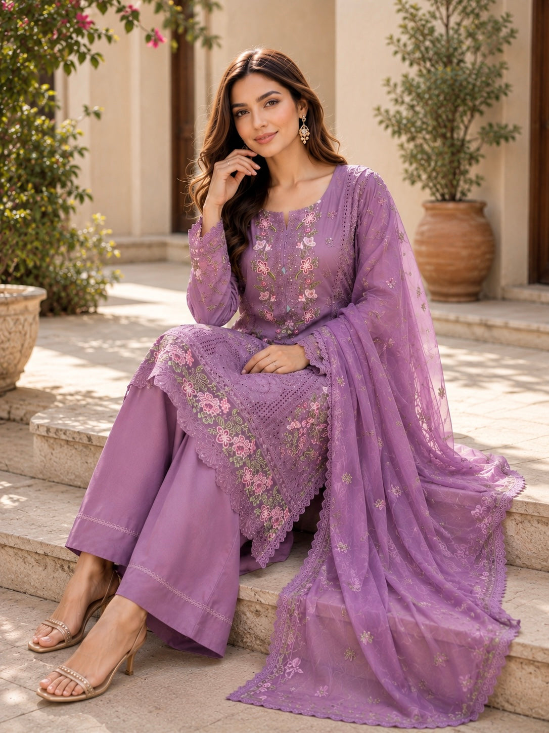 (157) Munira Premium Lawn Suit | Beaded Sequin Embroidery & Chiffon Dupatta