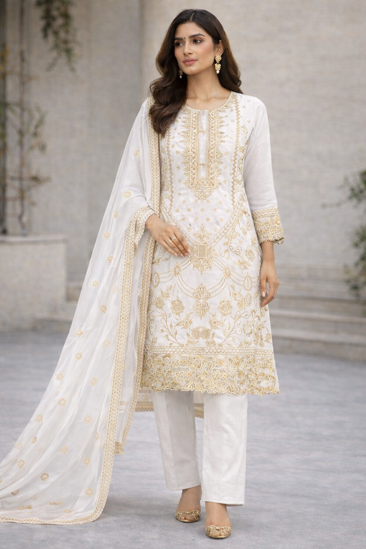 (338) Gold Thread Chiffon Kameez | Beaded Dupatta | Ready to Wear