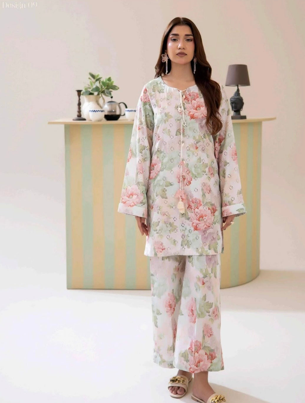 (18) Adan’s schiffli floral chickankari printed voil lawn shirt lawn trousers co ord set