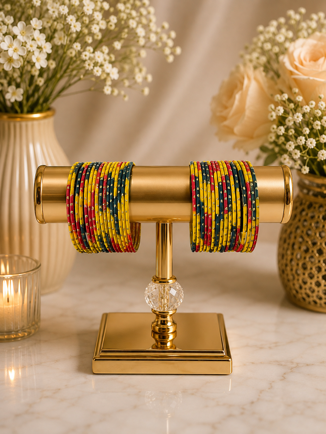 (B8) Elegant multicolour bangle set featuring vibrant yellow, deep green and red tones, beautifully finished with delicate gold detailing perfect for weddings, Eid, mehndi, parties and traditional outfit size 2.6