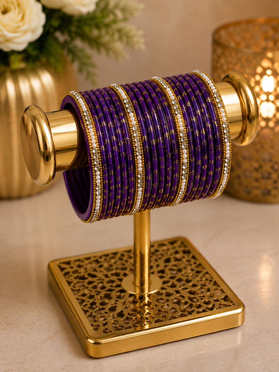 (B11) Elegant deep purple bangle set featuring delicate gold detailing and sparkling stone embellishments. A beautiful traditional design, perfect for weddings, Eid, parties and special occasions size 2.4