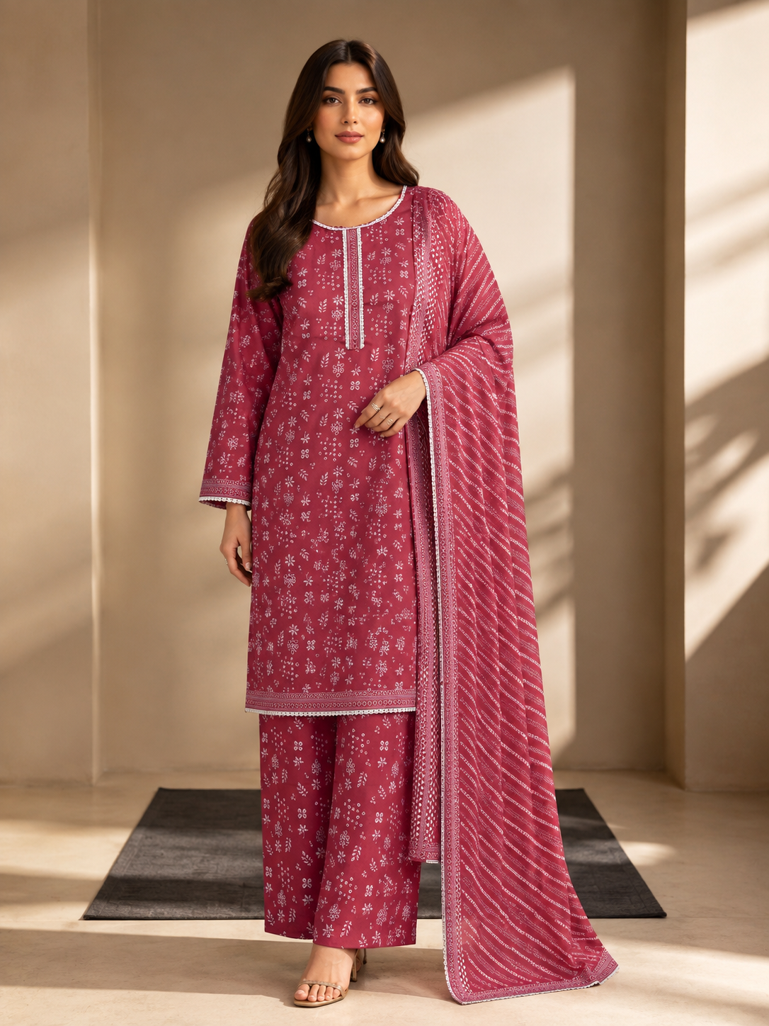 (114) Bin Saeed Elegant plum Lawn Suit Contrast Lace & Printed Dupatta trousers Ready to Wear
