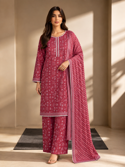 (114) Bin Saeed Elegant plum Lawn Suit Contrast Lace & Printed Dupatta trousers Ready to Wear