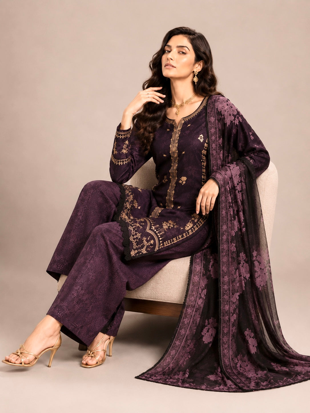 (218) Elegant Floral Printed Lawn Suit | Gold Thread & Sequin Embroidery