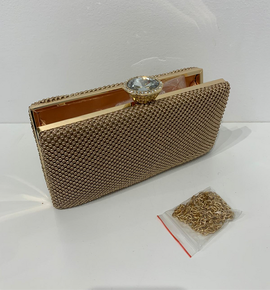 (220) Gold Clutch Bag with Clasp Opening & Long Chain