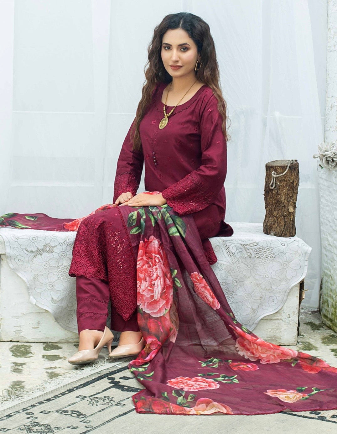 (306) Pakistani Chikankari Viscose Suit | Sequin & Floral Dupatta