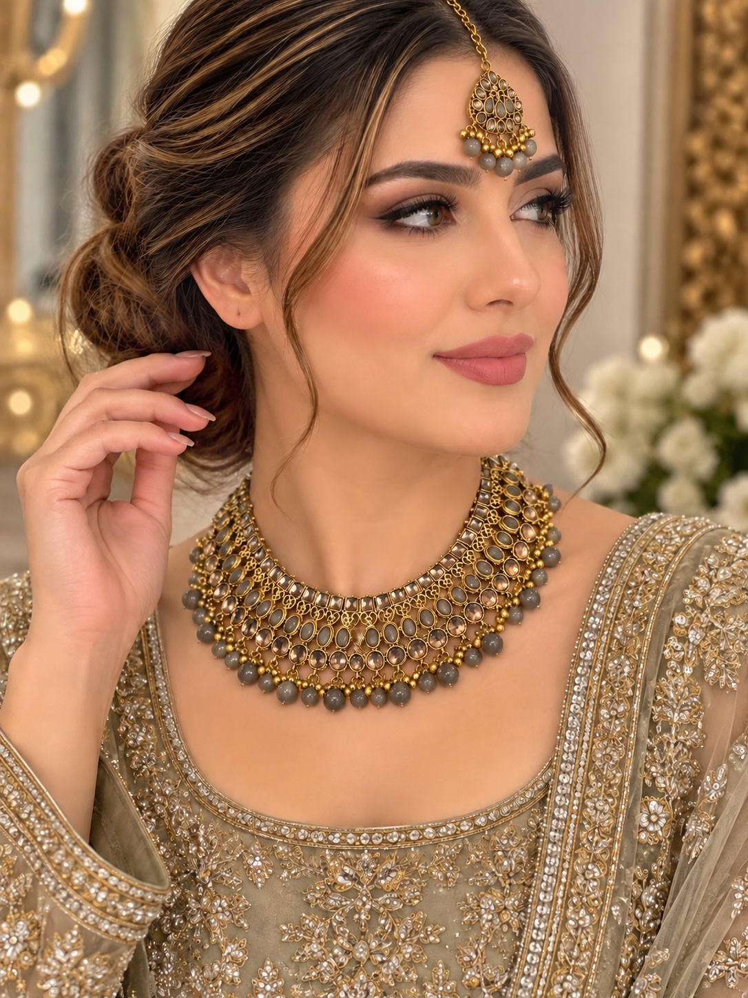 (J11) antique gold jewellery set featuring grey stones, sparkling crystal detailing and delicate bead drops, complete with a statement necklace and matching tikka