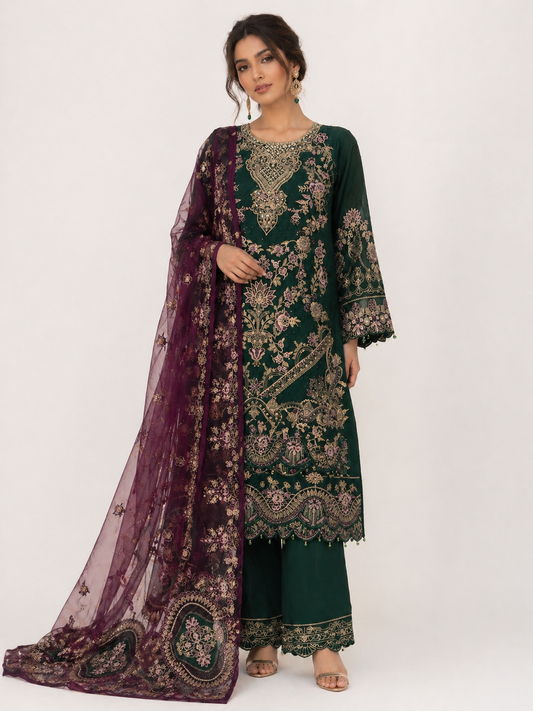 (121) Ramsha dark green chiffon embroidered ready-to-wear suit paired with an elegant organza dupatta.