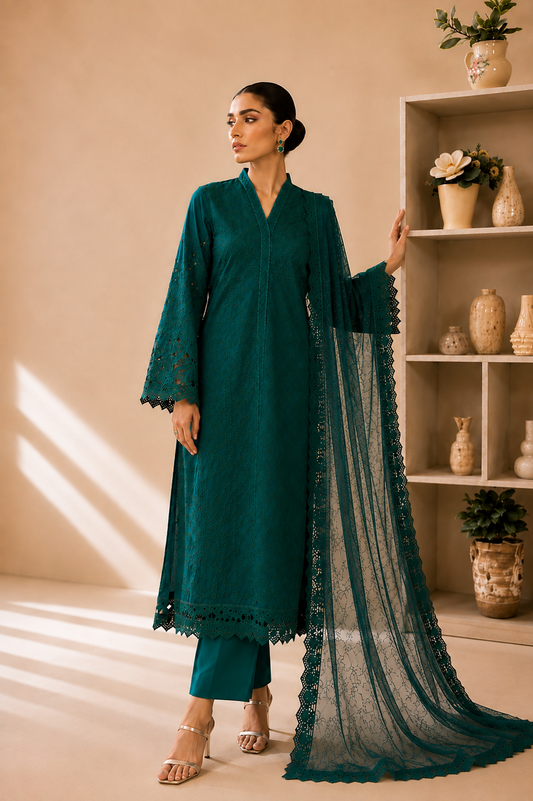 (351) Maria b inspired embroidered arabic lawn lace cutwork pearl sequins printed chiffon dupatta ready to wear