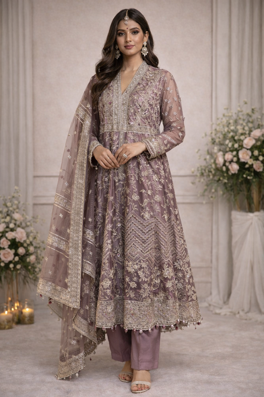 (261) Aadnan Libas–inspired organza long Anarkali dress with sequin, thread, and pearl embroidery, paired with a matching organza dupatta – ready to wear.