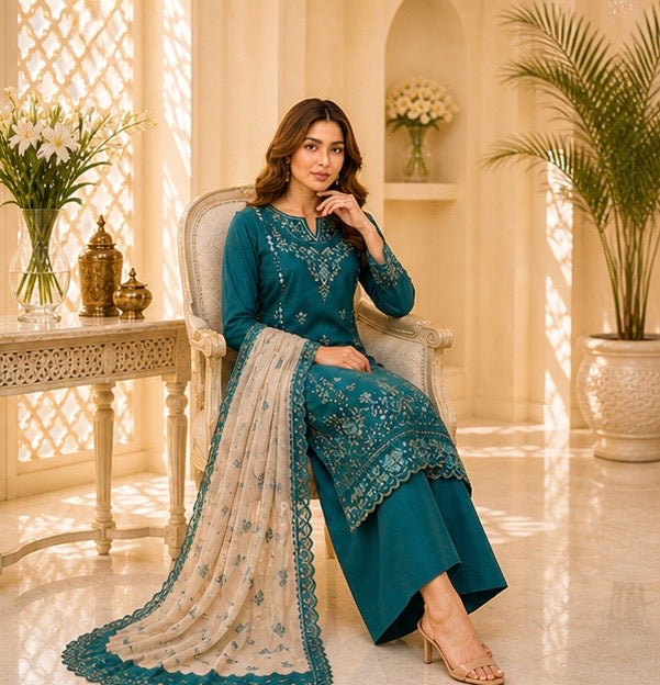 (165) Tawakkal Embroidered Sequin Silky Lawn Suit with Khaddi Dupatta