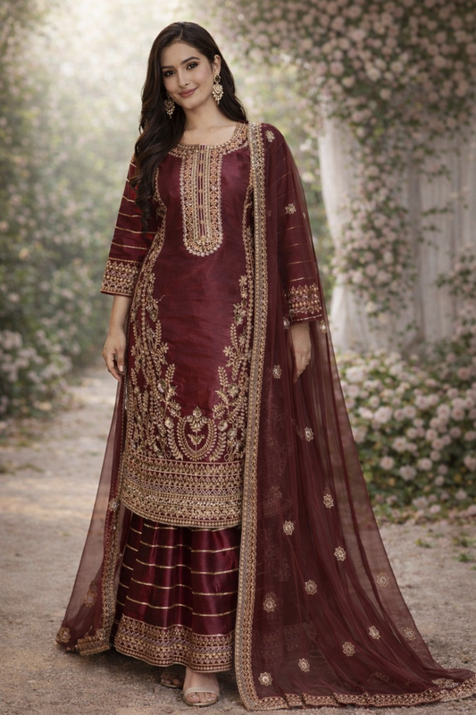 (273) A finely embroidered sheesha silk with elegant gold detailing stylish flared gharara enhancing traditional charm lightweight organza dupatta with coordinated embroidery