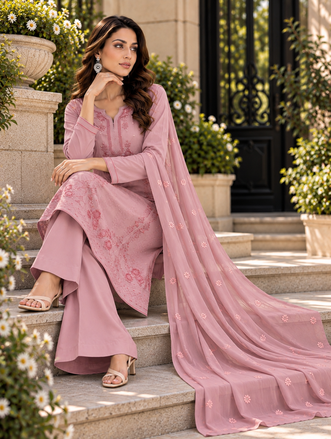 (360) Abeeha light pink Viscose Floral Embroidered Suit 
A beautiful blend of comfort and elegance, soft viscose kameez with delicate floral embroidery, paired with a stunning Bamber dupatta