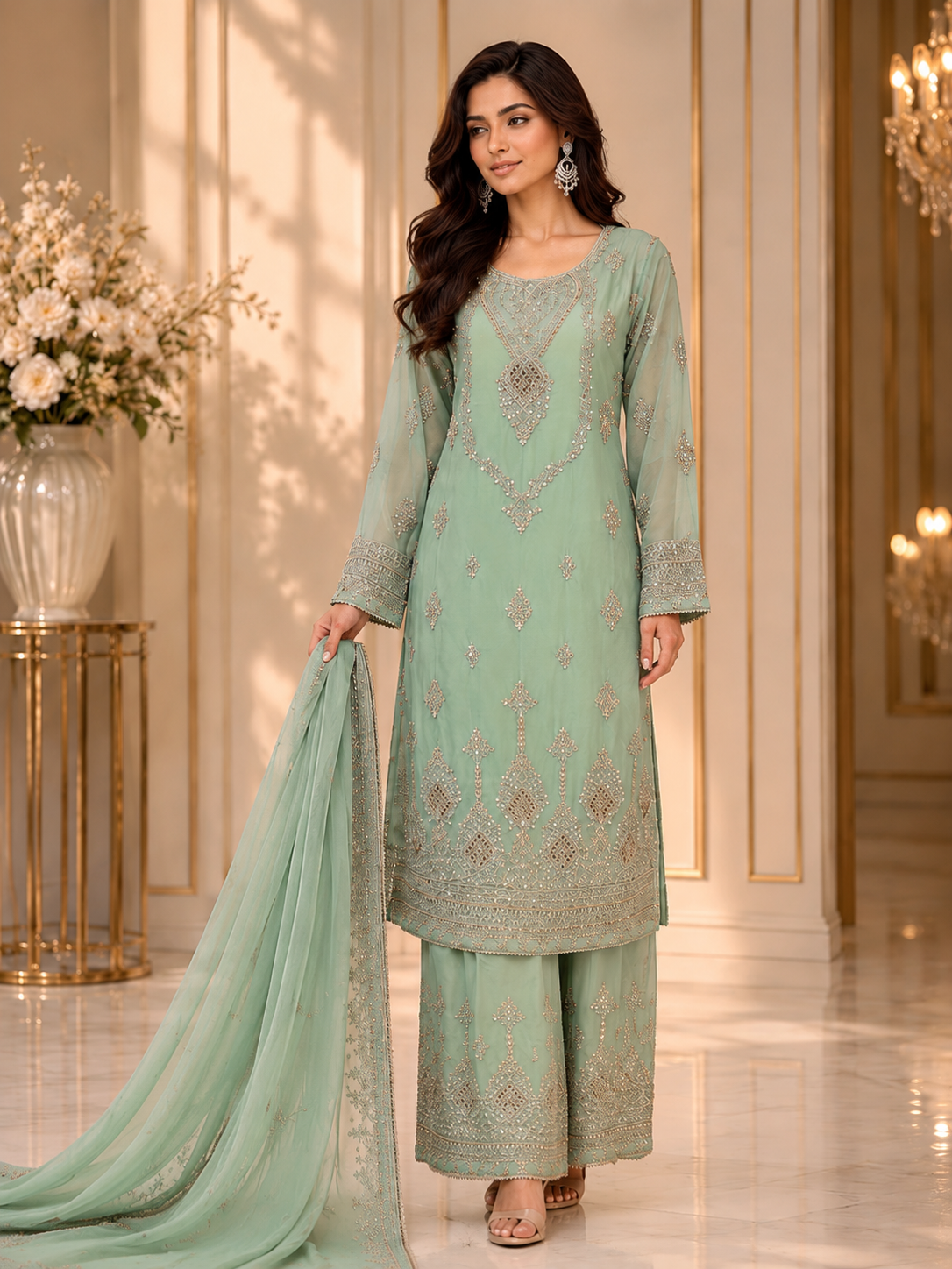 (279) Elegant Chiffon Palazzo Suit | Pearl & Diamante Gold Embroidery