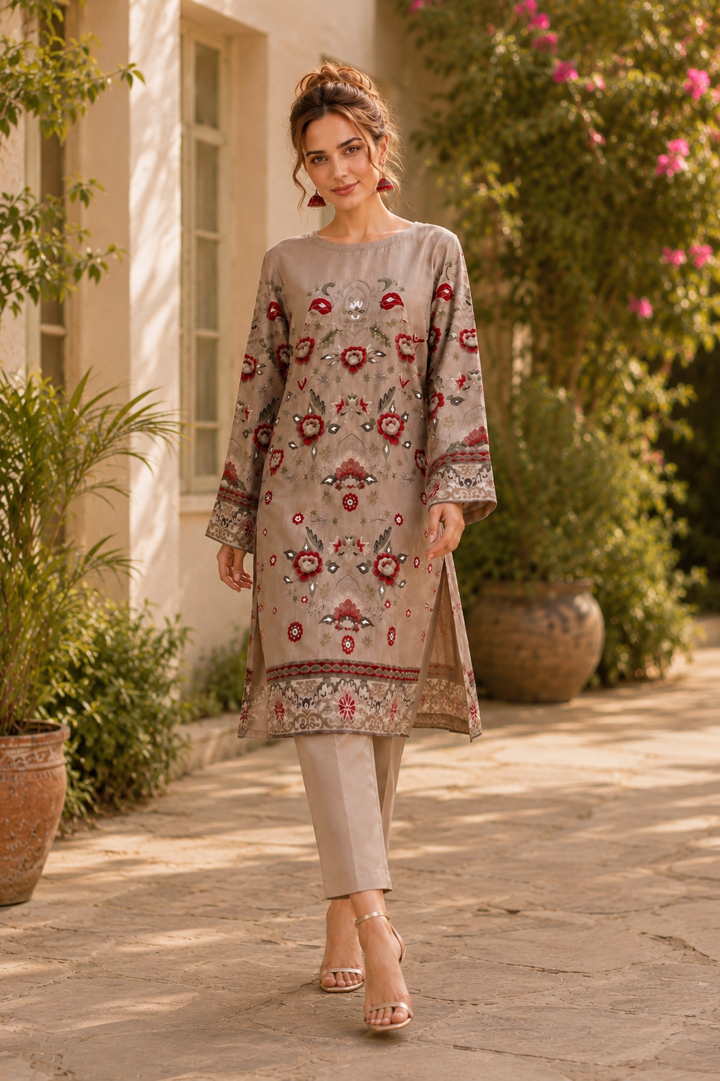 Tawakkal beige printed comfy two peice linen co ord set ready to wear