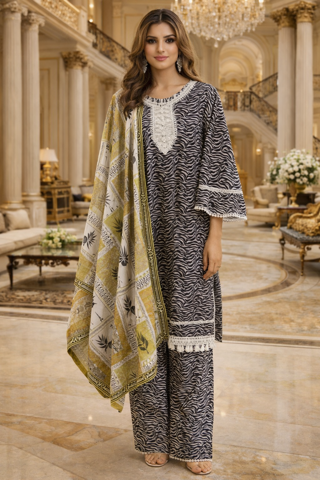 (228) Printed Soft Khaddar 3-Piece with Pearl-Trim Neckline – Ready-Made