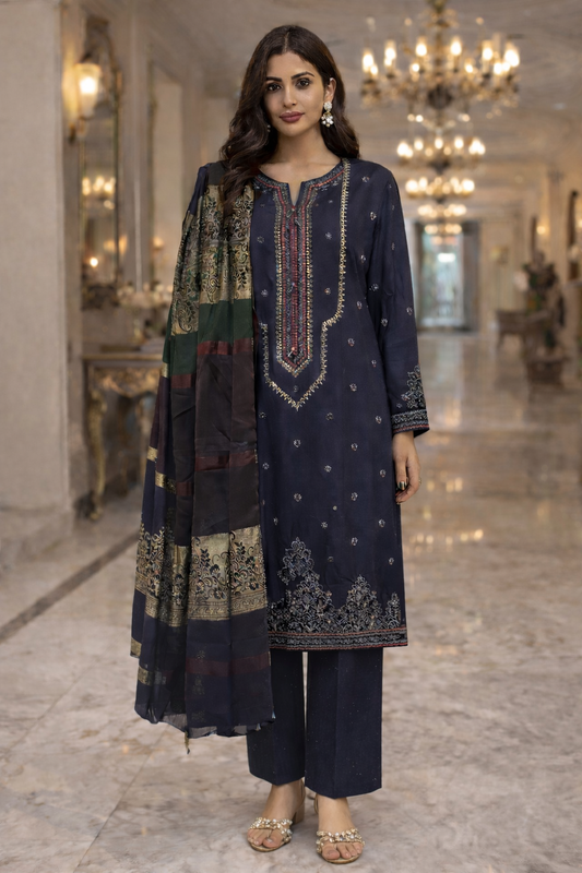 (234) Dhanak Embroidered Ready-Made Suit with Shawl – Elegant & Timeless