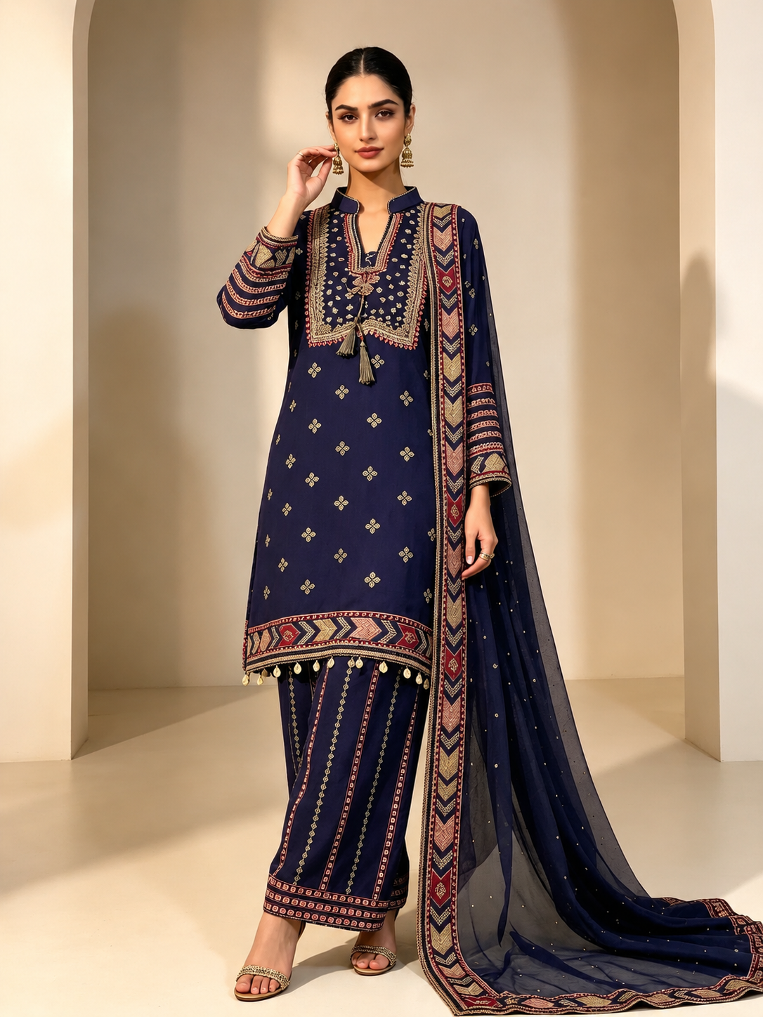 (145) Elegant navy ethnic chiffon plazzo fully lined outfit gold trim contrast colour embroidered ready to wear