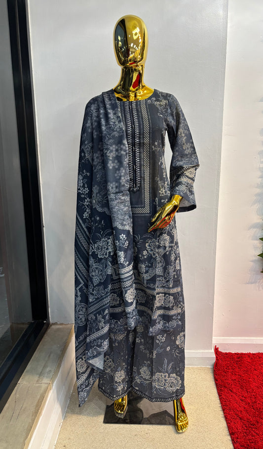 (48) Simran's Embroidered Printed Palazzo Soft Khaddar Ready-Made Suit