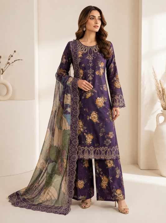 (226) Luxury Deep Purple Lawn Suit with Detailed Embroidered Neckline & Crinkle Chiffon Dupatta